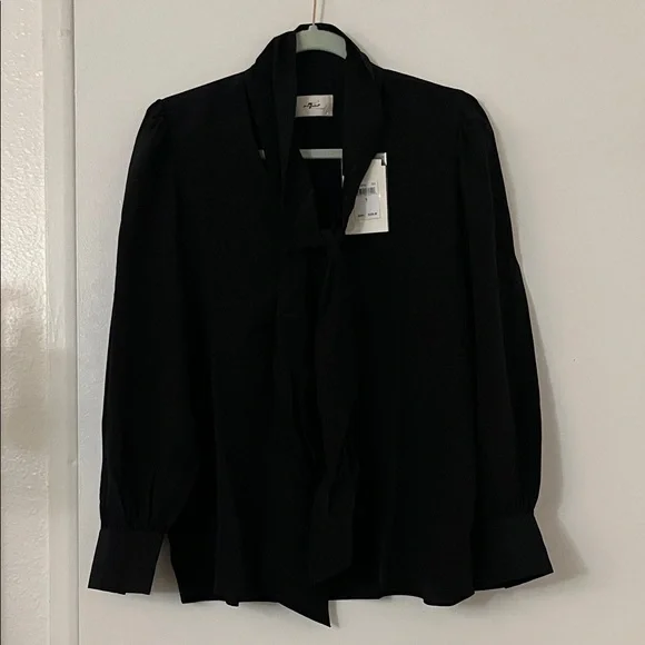7 For All Mankind Silk Tie Neck Blouse In Black - Picture 2 of 7
